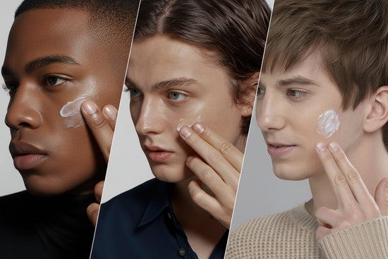 Three individuals applying cream to their faces with a neutral background