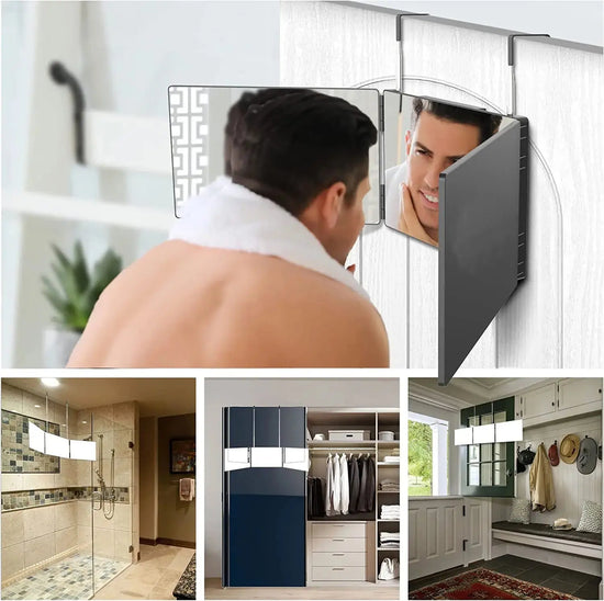 Travel Portable 360 Trifold Vanity Makeup Mirror with Height Adjustable Telescoping Hook for Hair Self Cutting Fordable Mirror Momentum