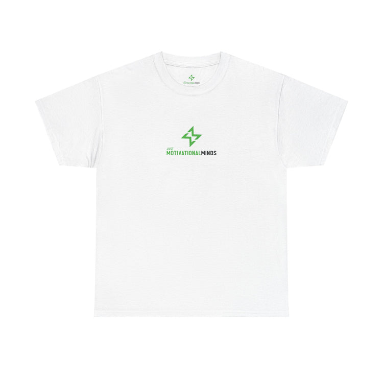 White t-shirt with green logo on a white background